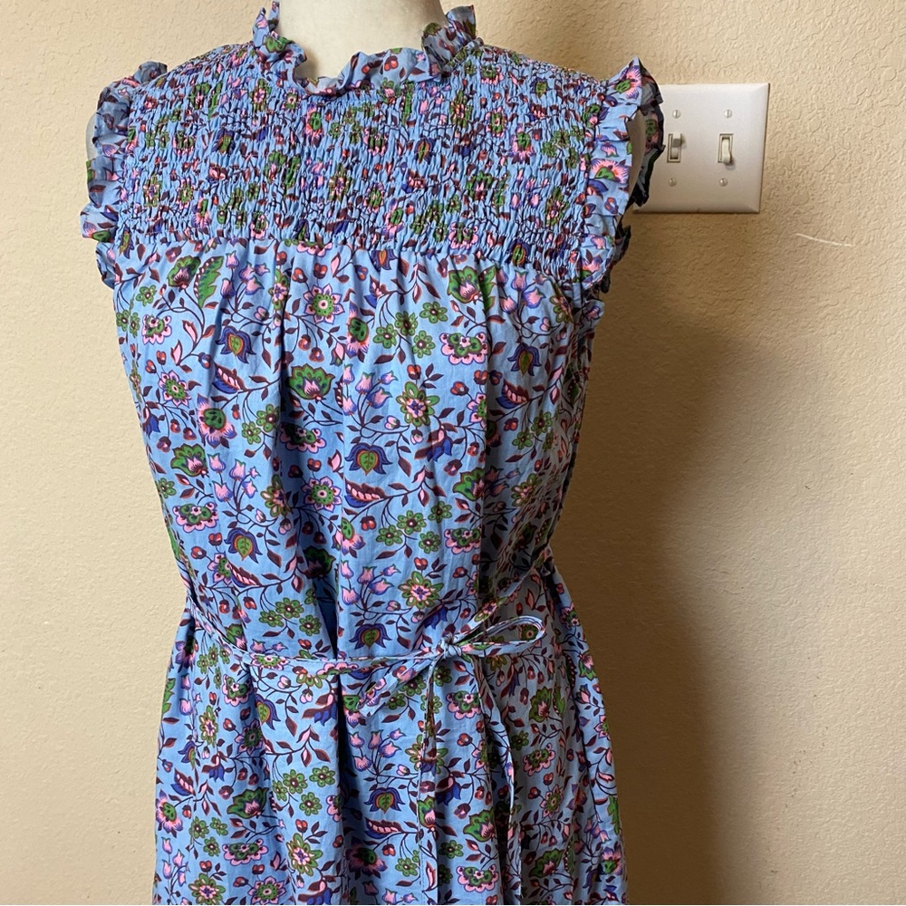 Boden Periwinkle Blue Floral Sleeveless Smocked Belted Cotton Mini Dress Size 6 - Picture 4 of 11